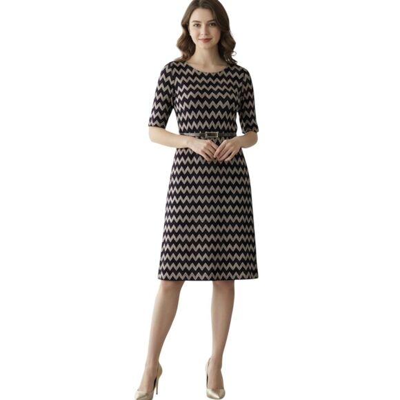 Connected Apparel Dress Womens 10 Black Gold Chevron Metallic Belted A-Line - Picture 1 of 13